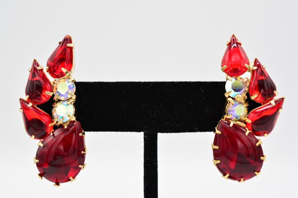 Vintage Cabochon Clip On Earrings Red AB Rhinestone Crystal Gold Tone 1980s BinH